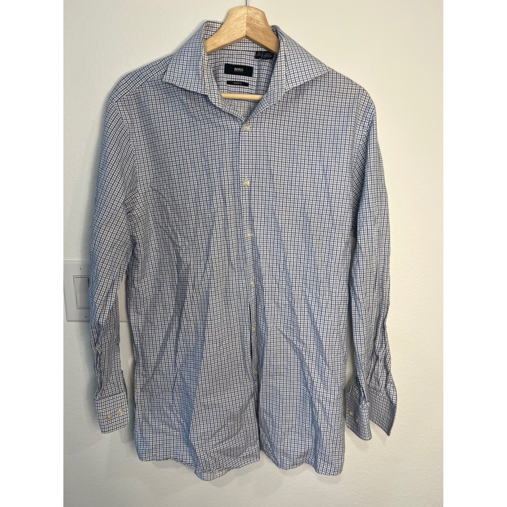HUGO BOSS Dress Shirt Mens 16 32/33 Blue White Excellent Sharp Fit Grid Check